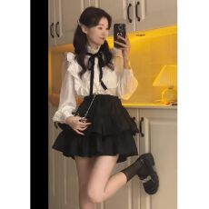 批发法式纯欲宫廷风上衣蛋糕裙套装蝴蝶结衬衫长袖百搭<b class='q'>裤裙</b>甜美两件套