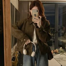 批发甜酷咖色麂皮绒外套女春秋新款复古小众短款美拉德上衣夹克小个子