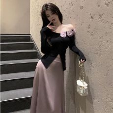 批发法式重工<b class='q'>花朵</b>v领修身上衣缎面半身裙两件套气质清冷感秋季新款女