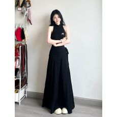 韩系辣妹露肩针织无袖挂脖上衣套装女夏季气质高腰显瘦a字半身裙