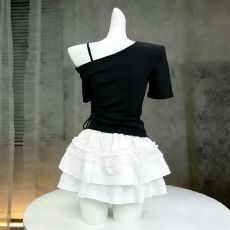 批发蕾丝蛋糕<b class='q'>蓬蓬</b>裙甜美半身裙显瘦防走光斜领抽绳短袖上衣套装女