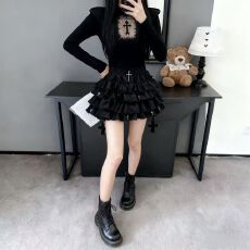 批发拽姐高领暗黑哥特十字架镂空微透修身打底衫女<b class='q'>蓬蓬</b>裙时尚套装春秋