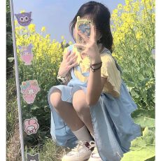 批发多巴胺木耳边娃娃领衬衫+两面穿<b class='q'>蓬蓬</b>娃娃a字背带连衣裙减龄套装