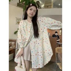批发早春2026<b class='q'>彩</b>色波点单排扣衬衫女新款甜美风宽松减龄设计感长袖上衣