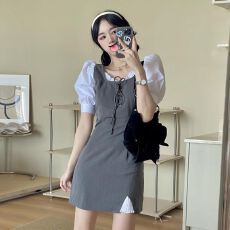 批发假两件<b class='q'>连衣裙</b>女夏季2026新款小众法式泡泡袖绑带修身显瘦短袖裙子