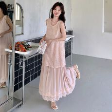 批发大码胖mm夏季新款遮肉显瘦法式温柔风<b class='q'>蕾丝</b>拼接假两件背心连衣裙女