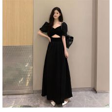 批发大码胖mm法式赫本风<b class='q'>连衣裙</b>女装设计感黑色短袖开叉长裙子