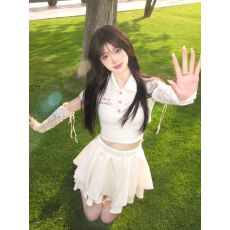 批发甜酷学院风蝴蝶结袖套POLO领短上衣纯欲修身<b class='q'>蓬蓬</b>辣妹半身<b class='q'>裙套装</b>女