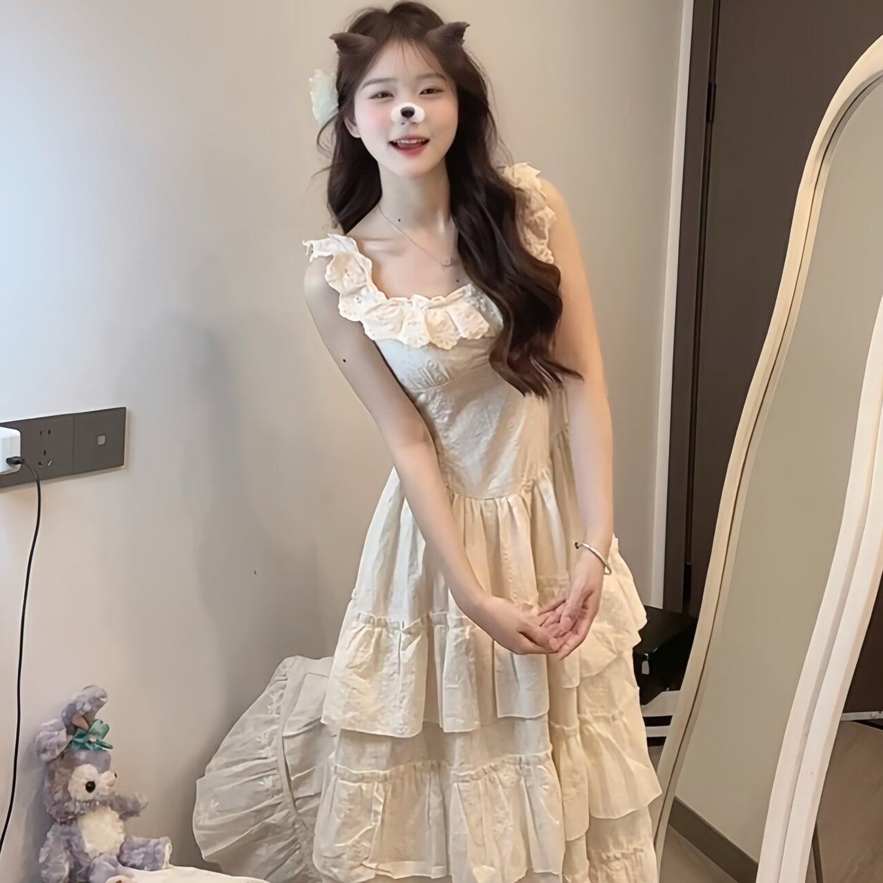 달콤함 슬립 여성 드레스 여름 고급 센스 부드러운 바람 첫사랑 공주 케이크 드레스 허리 수축 퍼프 길다 치마