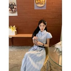 批发法式蓝色<b class='q'>条纹</b>衬衫连衣裙子女装2025夏季新款收腰显瘦气质a字<b class='q'>长裙</b>