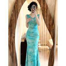 批发薄荷曼波绿色度假荡领吊带鱼尾长裙渲染蝴蝶印花褶皱收腰<b class='q'>连衣裙</b>夏