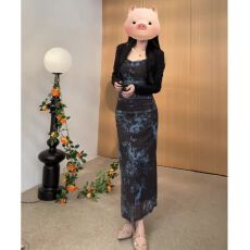 批发法式复古墨染修身开叉吊带裙外搭度假海边沙滩高级感包臀裙女