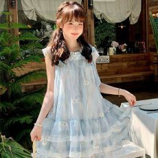 批发小个子蓝色<b class='q'>连衣裙</b>子女装夏季2026新款海边度假夏日绝美短裙高级感