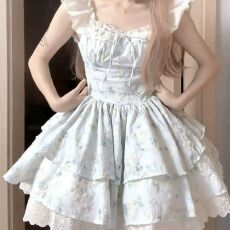 批发樱织花翎碎花<b class='q'>连衣裙</b>女夏季法式甜美可爱小飞裙花边蛋糕蓬蓬短裙子