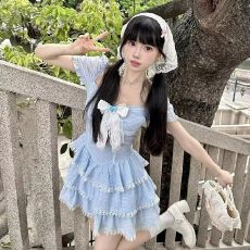 批发超好看蓝色<b class='q'>蝴蝶结</b>泡泡袖<b class='q'>连衣裙</b>2026夏季韩系芭蕾风格子蛋糕短裙潮