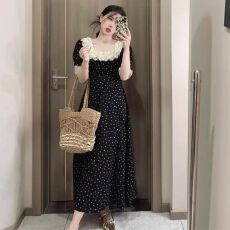 批发2026夏季新款中长款轻奢短袖茶歇裙黑色百搭款别致设计感圆领长裙