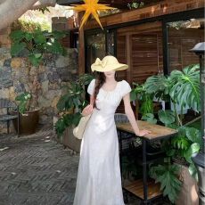 批发法式<b class='q'>连衣裙</b>气质名媛简约优雅轻奢提花抽绳显瘦<b class='q'>时尚</b>长裙泡泡袖显瘦