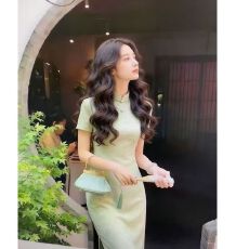 批发法式气质黄色旗袍长裙夏季大码胖mm新中式订婚日常穿<b class='q'>印花</b><b class='q'>连衣裙</b>女