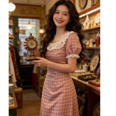 批发法式复古方领红格植绒爱心短袖<b class='q'>连衣裙</b>大码胖MM花边俏皮显瘦中长裙