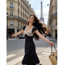 批发2026流行小众设计小飞袖爱心印花蕾丝刺绣拼接修身长款<b class='q'>连衣裙</b>女