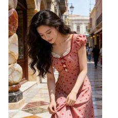 批发法式红色波点连衣<b class='q'>裙</b>夏季新款甜美蕾丝拼接高腰蝴蝶结度假风长<b class='q'>裙</b><b class='q'>潮</b>