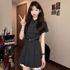 批发韩系复古假两件波点短袖连衣裙女夏季学院风收腰显瘦A字连衣裙