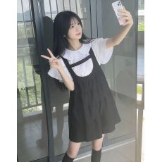 批发2026夏季新款设计感遮肚背带<b class='q'>连衣裙</b>常规学院风短袖衬衫假两件裙子