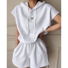 批发韩版简约气质字母贴布抽绳连帽卫衣女夏季新款高腰休闲短裤套<b class='q'>装</b>