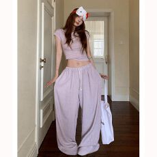 批发休闲运动风紫色短款短袖T恤上衣条纹宽松紧阔腿裤两件套套<b class='q'>装</b>女夏