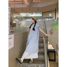 批发甜美学院风叠穿两件套装蓝色条纹衬衫连衣裙子蕾丝<b class='q'>半身裙</b>女