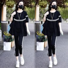 批发时尚休闲套装女夏季新款韩版<b class='q'>大码</b>宽松显瘦条纹拼接运动服两件套潮