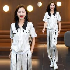 批发休闲<b class='q'>运动</b>拼色套装女2026夏季新款<b class='q'>时尚</b>减龄翻领开衫阔腿长裤两件套