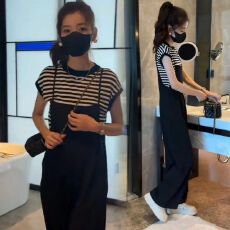 批发小香风套装夏季轻奢高端女装背带裤显瘦胖妹妹显瘦裤子内搭两件套