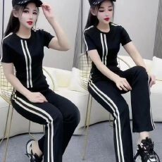批发<b class='q'>时尚</b>套装女夏季新款撞色条纹气质辣妹短袖上衣<b class='q'>运动</b>微喇裤子两件套