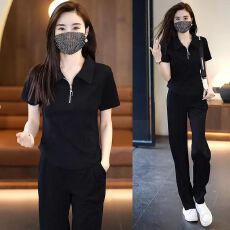 批发欧货潮牌翻领短袖套装女<b class='q'>时尚</b>气质2025夏季冰丝薄款宽松韩版两件套