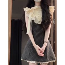 批发法式复古格纹连衣裙女2026新款千金感蝴蝶结花边短裙