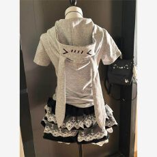 批发夏季可爱宅萌系亚萌<b class='q'>修身</b>日系兔耳连帽短袖拉链少女上衣短裙套装女