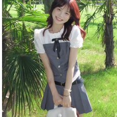 批发美式复古学院风<b class='q'>套装</b>夏季假两件甜辣妹衬衫上衣百褶裙小个子两件套