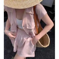 批发韩国工装风无袖背心开衫上衣女口袋翻领宽松显瘦百搭阔腿短<b class='q'>裤</b>套装