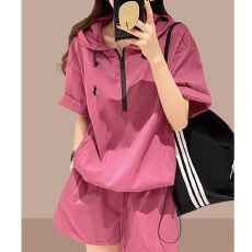 批发防晒衣短裤两件套<b class='q'>欧洲站</b>2026夏装新款欧货连帽拼色刺绣时尚<b class='q'>套装</b>女