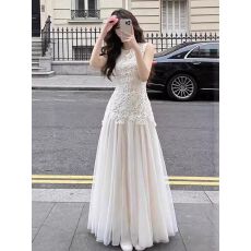 批发名媛千金感小礼服高级感蕾丝网纱拼接收腰款长裙<b class='q'>无袖</b>背心连衣裙