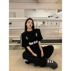 批发65鱼鳞两件套美式<b class='q'>套装</b>女字母印花T恤夏季高腰直筒裤