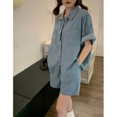 批发网红减龄时尚套装<b class='q'>女</b>夏季法式复古韩系宽松休闲短袖牛仔衬衫+短裤