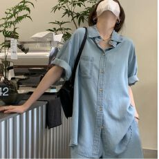 批发天丝仿<b class='q'>牛仔</b>套装短袖<b class='q'>衬衣</b>仿<b class='q'>牛仔</b>阔腿短裤两件套<b class='q'>女</b>2025夏季韩版宽松