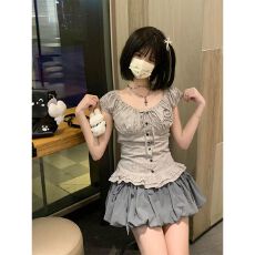 批发可爱亚文化宅萌系古早感<b class='q'>格子</b>花边短袖上衣女夏休闲百搭花苞裙<b class='q'>套装</b>