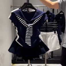 批发韩系一整套休闲运动服套装女夏季披肩海军领T恤+云朵<b class='q'>蓬蓬</b>裙