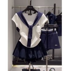 批发夏季收腰显瘦上衣撞色V领海军风假两件披肩T恤云朵<b class='q'>蓬蓬</b>短<b class='q'>裙套装</b>女