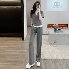 批发<b class='q'>欧洲站</b>休闲运动<b class='q'>套装</b>女夏季洋气显瘦假两件上衣阔腿裤薄款两件套潮