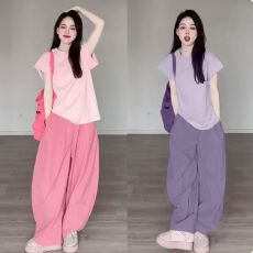 批发多巴胺穿搭一整套装运动服女休闲风洋气<b class='q'>糖果</b>色T恤上衣夏季阔腿<b class='q'>裤</b>