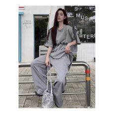 批发休闲<b class='q'>套装</b>女美式字母印花短袖T恤夏季新款宽松直筒裤子两件套